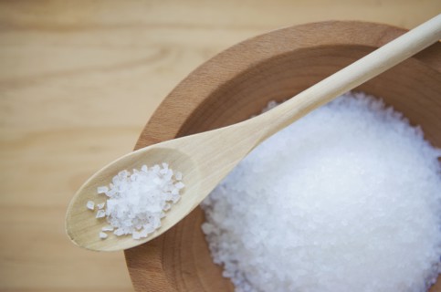 Sea salt in wooden bowl