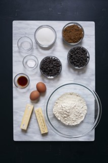 Overhead view of bowl of ingredients on marble board