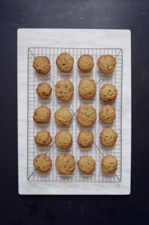 Overhead view of baking sheet with chocolate cookies