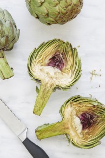 Overhead view of halved artichoke