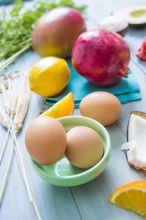 Eggs, oranges and pomegranates