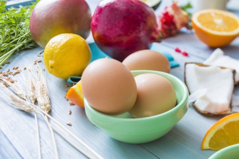 Eggs, oranges and pomegranates