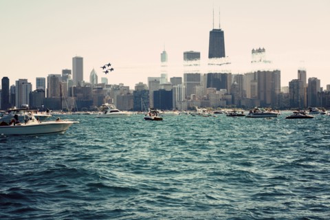 Illinois, Chicago, Air and water show seen from Lake Michigan
