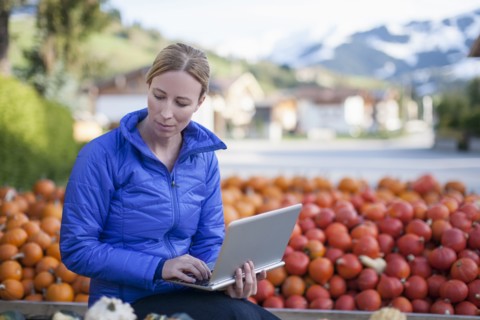 Austria, Salzburger Land, Maria Alm, Mature woman in blue jacket using laptop in market stall