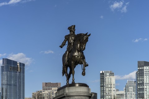 Massachusetts, Boston, Statue of George Washington against blue sky in Boston Public Garden