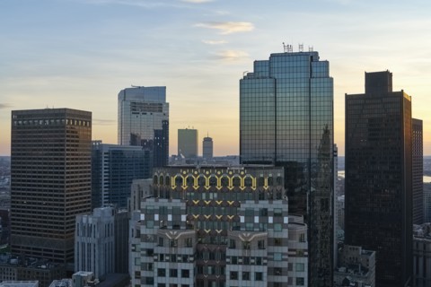 Massachusetts, Boston, Office buildings at dusk