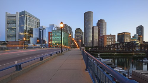 Massachusetts, Boston, Evelyn Moakley Bridge and Fort Point Channel at dawn