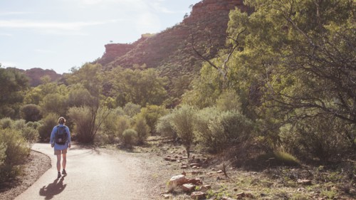 Australia, Outback, Northern Territory, Red Centre, West Macdonnel Ranges, Kings Canyon, Woman walking down mountain road