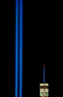 USA, New York State, New York City, Light beam over ground zero.