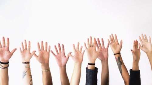 Raised hands against white background.
