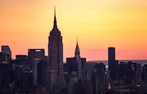 USA, New York State, New York City, Office buildings at sunset.