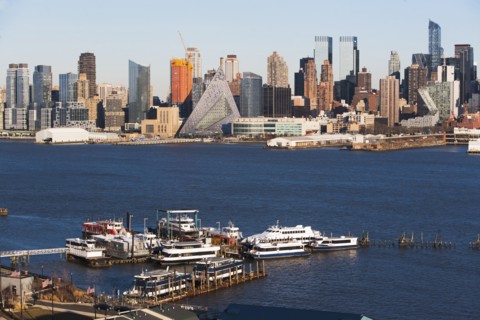 USA, New York State, New York City, Ships on Hudson River and city panorama in background
