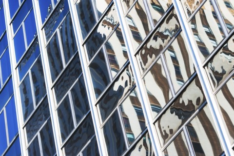 USA, New York State, New York City, Glass facade of skyscraper
