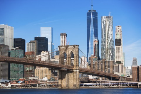 USA, New York State, New York City, Manhattan, City panorama with Brooklyn Bridge
