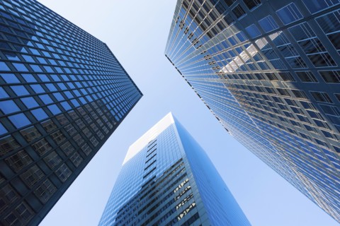 USA, New York State, New York City, Manhattan, Skyscrapers seen from below