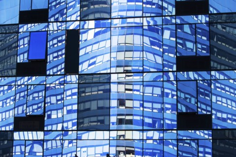 USA, New York State, New York City, Glass facade of skyscraper
