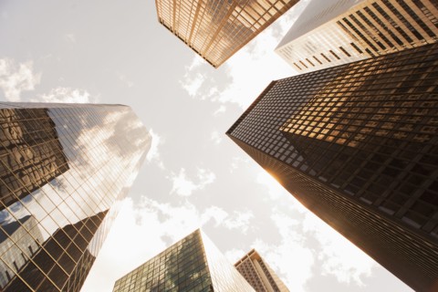 USA, New York State, New York City, Manhattan, Low angle view of office buildings