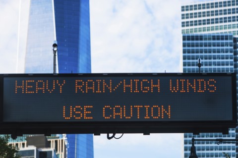 USA, New York State, New York City, Manhattan, Weather warning sign in city
