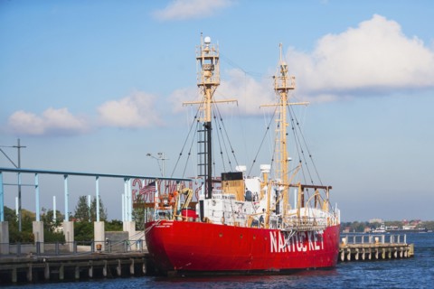 USA, New York State, New York City, Old red ship in harbor