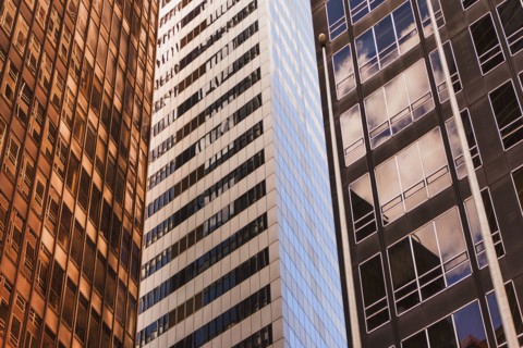 USA, New York State, New York City, Manhattan, Low angle view of office buildings