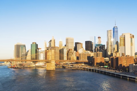 USA, New York State, New York City, Manhattan, City skyline with Brooklyn Bridge