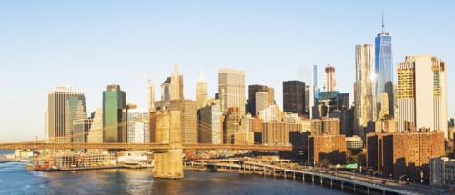 USA, New York State, New York City, Manhattan, City skyline with Brooklyn Bridge