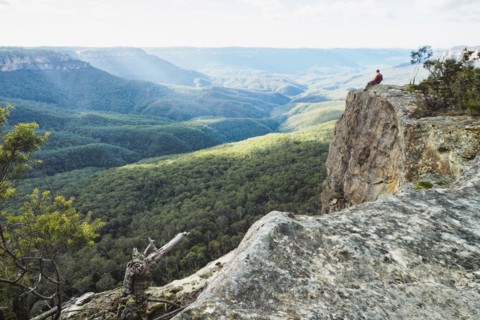 Australia, New South Wales, Narrow Neck Peninsula, Katoomba, Man looking at view in Blue Mountains