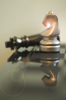 Chess pieces reflecting in board.