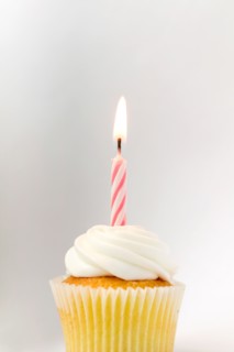Cupcake with birthday candle.