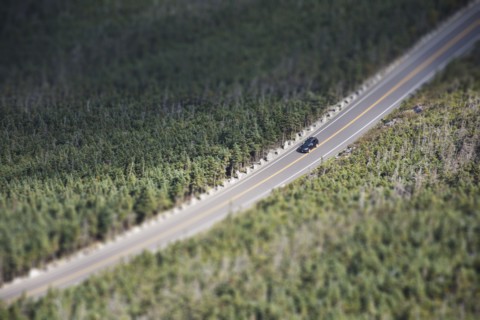 USA, New York, Wilmington, Car driving on road through forest