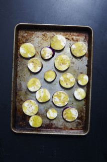 Sliced eggplant in baking sheet