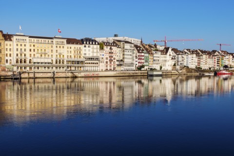 Switzerland, Basel, Basel-Stadt, Houses by Rhine River