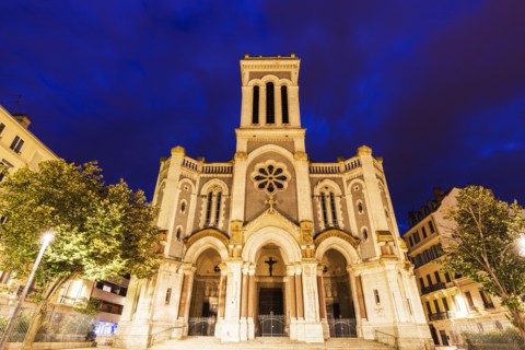 France, Auvergne-Rhone-Alpes, Saint-Etienne, Saint-Charles-de-Borrome Cathedral at night