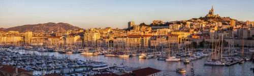 France, Provence-Alpes-Cote d'Azur, Marseille, Notre-Dame de la Garde above Vieux port - Old Port