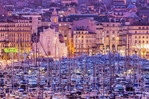 France, Provence-Alpes-Cote d'Azur, Marseille, Cityscape with Vieux port - Old Port at sunset
