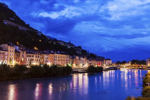France, Auvergne-Rhone-Alpes, Grenoble, Grenoble architecture along Isere River