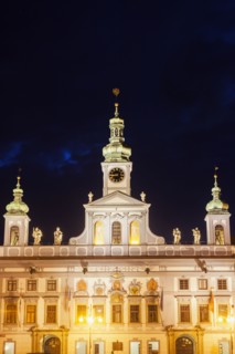 Czech Republic, Bohemia, Ceske Budejovice (Budweis), City Hall at nigh