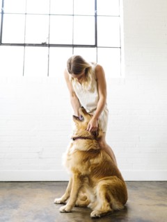 Young woman playing with golden retriever