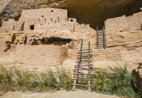 USA, Colorado, Ladders at Long House pueblo ruin in Mesa Verde National Park