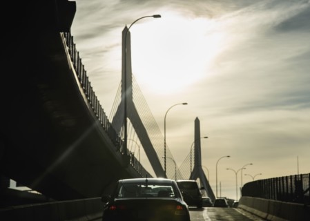 USA, Massachusetts, Boston, Traffic on ramp of Leonard P. Zakim Bridge