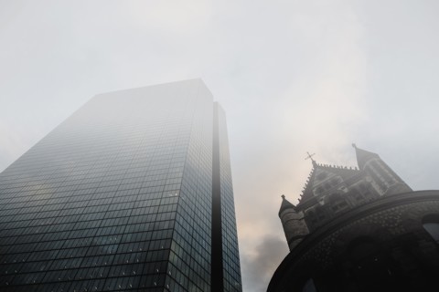 USA, Massachusetts, Boston, John Hancock Tower and Trinity Church at Copley Square in fog