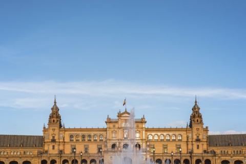 Spain, Seville, Fountain at Plaza De Espana
