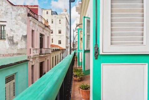 Cuba, Havana, Building terrace with turquoise doors