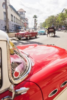 Cuba, Havana, Red vintage car in street