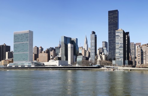 USA, New York, New York City, Waterfront with skyscrapers