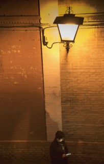 Woman standing by brick wall and using smart phone