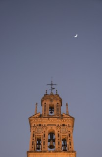 Spain, Seville, Bell tower of Santa Paula Monastery at night