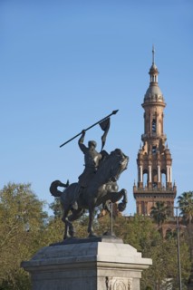 Spain, Seville, Plaza De Espana, Equestrian statue and tower