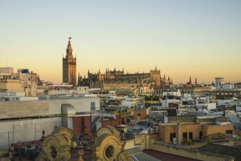 Spain, Seville, Cityscape with Cathedral of Seville at sunset
