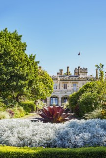 Australia, New South Wales, Sydney, Ornamental garden with building in background